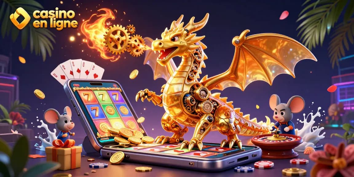 Gagnez au casino en ligne avec le dragon doré et les machines à sous colorées.