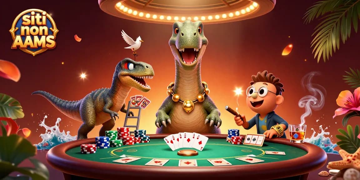 Scopri i siti non AAMS per giocare a poker in sicurezza con il brontosauro che osserva il tavolo.