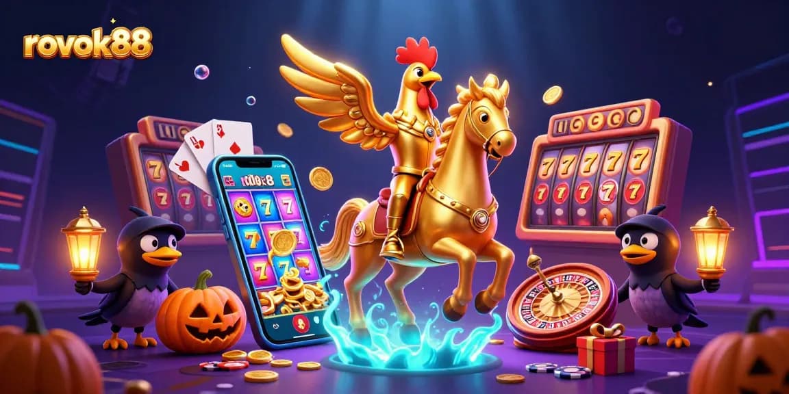 Experience the excitement of rokok88 with a golden rooster adventure in a vibrant casino scene.