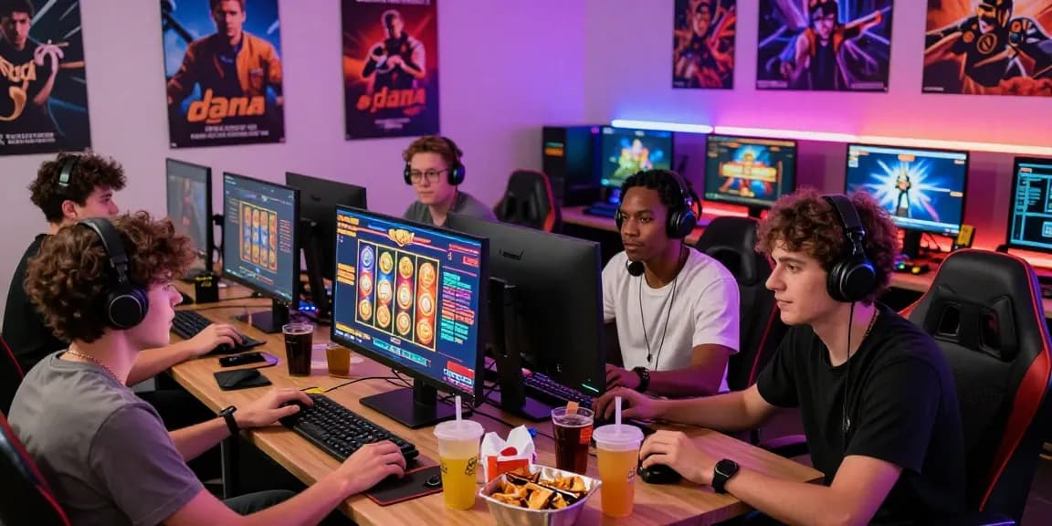 Friends enjoying slot dana games in a vibrant gaming room, showcasing excitement and modern gaming culture.