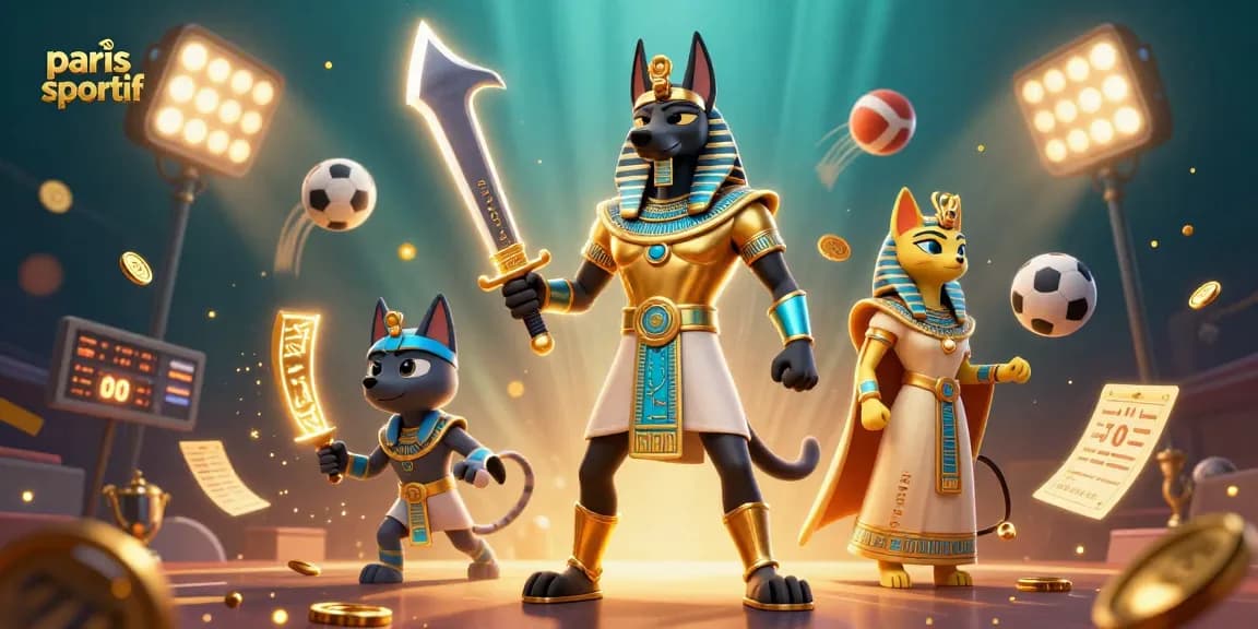 Paris sportif : mise en scène captivante avec Anubis et Bastet, illuminée par des éléments sportifs.