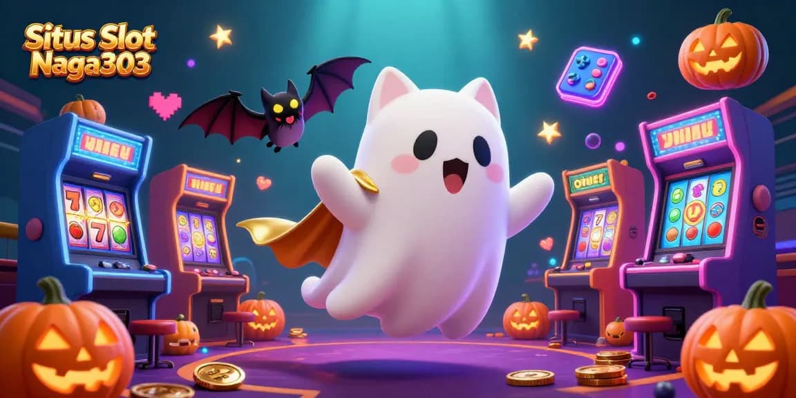 Situs Slot Naga303 showcases a vibrant casino scene with a ghost cat, bat, and glowing jack-o-lanterns amidst engaging slot elements.