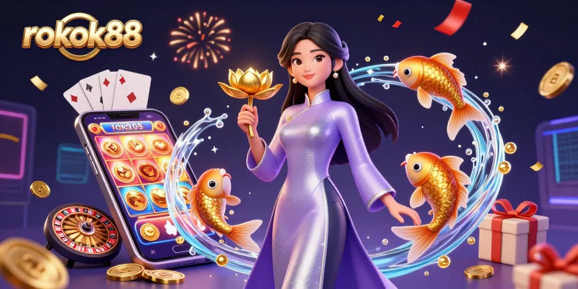 Experience exhilarating gaming with rokok88’s vibrant casino illustration showcasing dynamic slot games and festive energy.