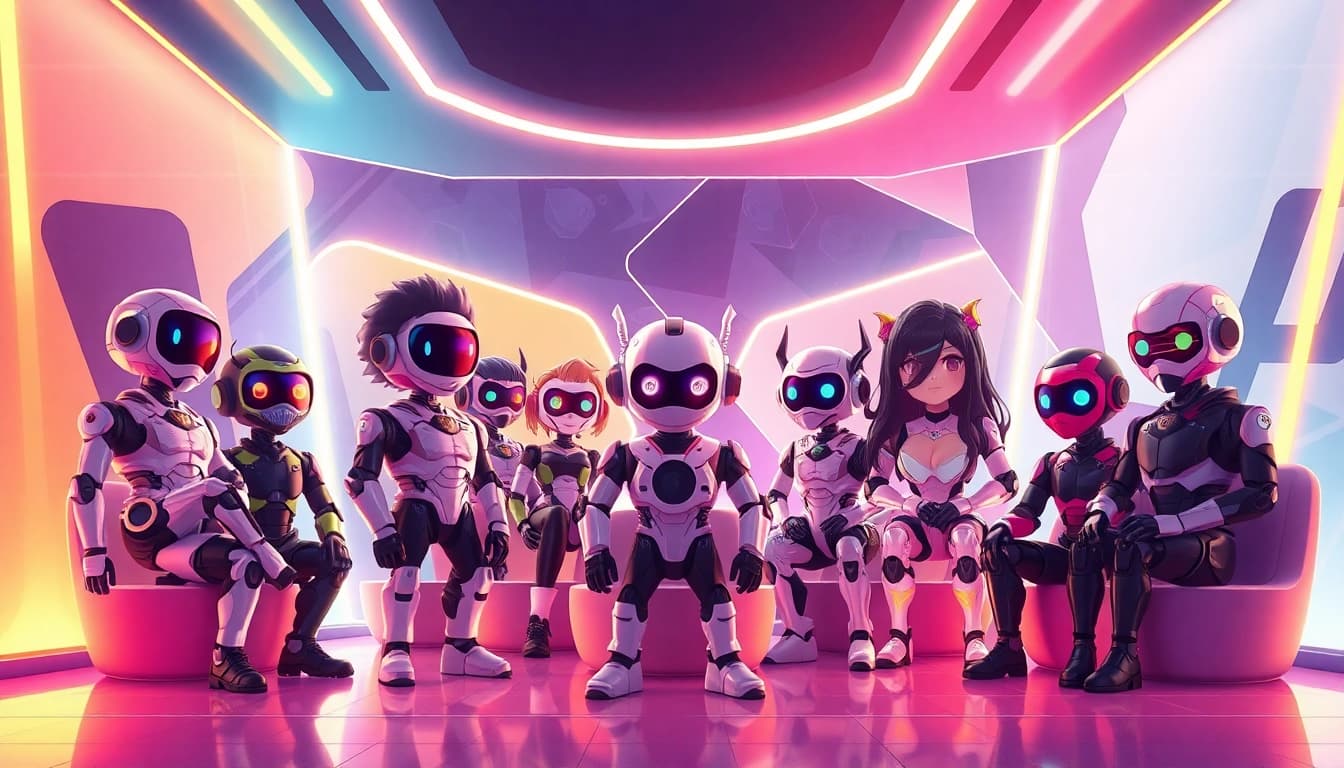 Vibrant digital scene depicting diverse NSFW character AI avatars in a futuristic lounge.