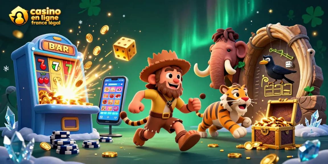 Découvrez le casino en ligne légal en France avec ce visuel captivant d'un duo préhistorique animant un jeu excitant.