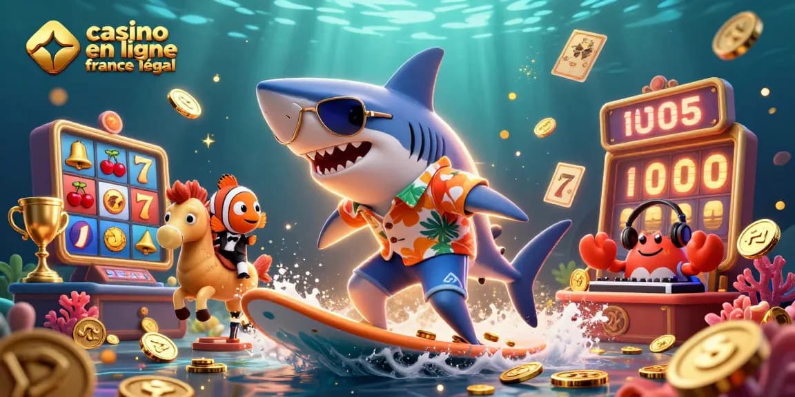 Plongez dans l'action avec le casino en ligne légal en France, symbolisé par un requin marteau entouré d'éléments de jeu.