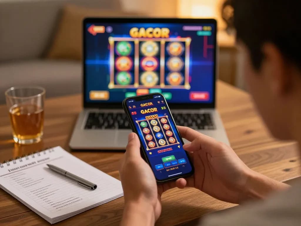 Player enjoying slot gacor gampang menang on mobile device, showcasing online gaming excitement.