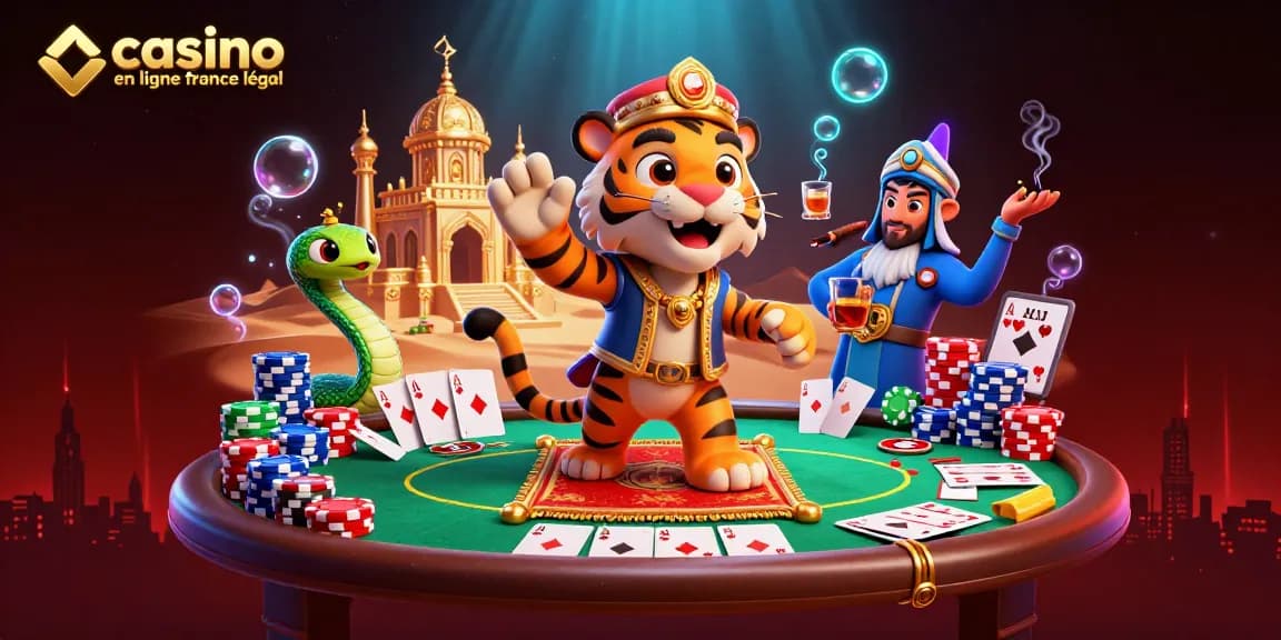 Jouer sur un casino en ligne légal en France avec un tigre sultan et des éléments de poker dans un décor magique.