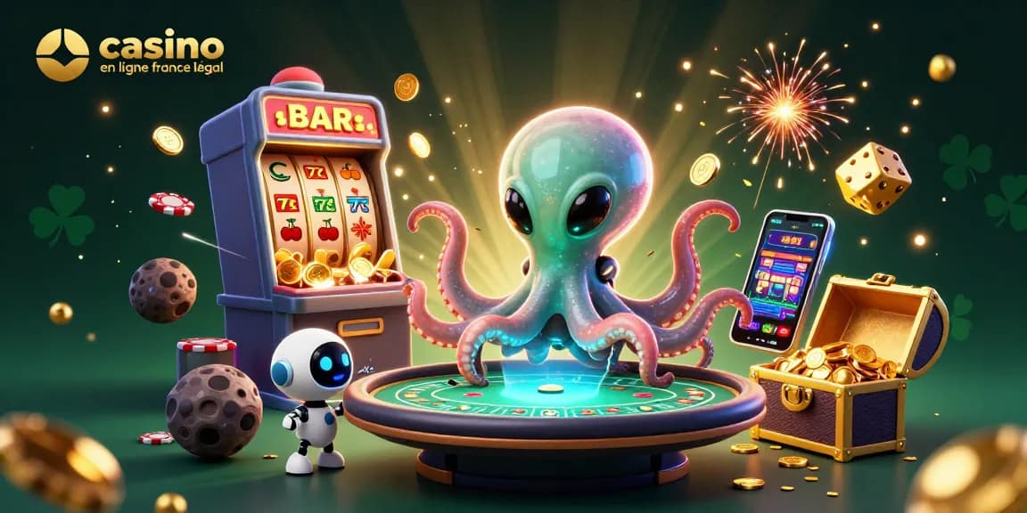 Jouer sur un casino en ligne légal en France avec un poulpe extraterrestre et une machine à sous explosant de pièces.
