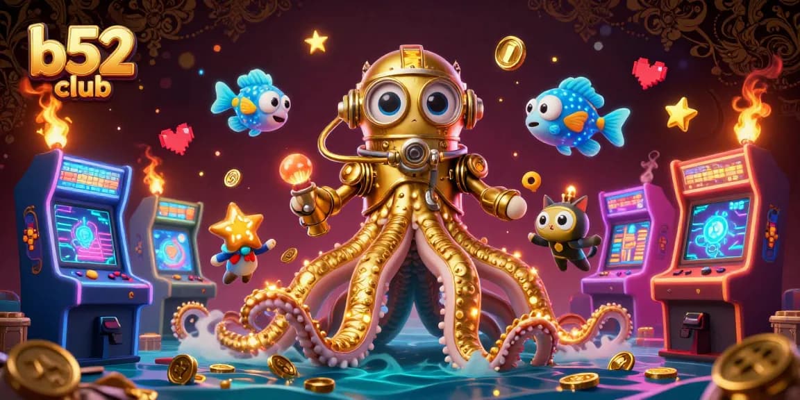Bets and winnings await at b52 club with a kraken and diving cat in a dynamic casino scene