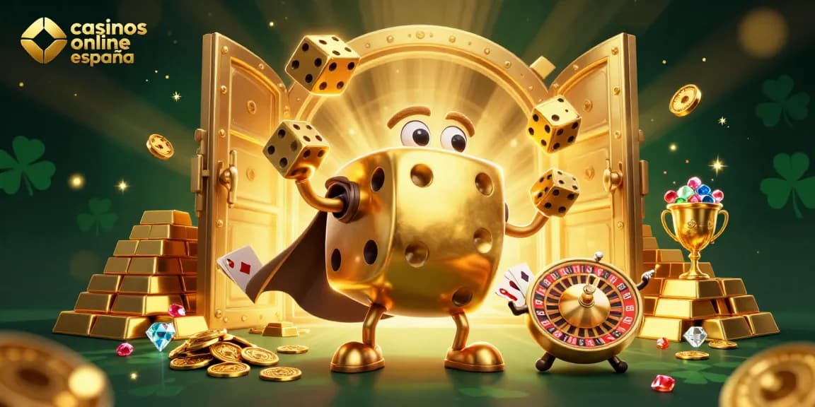 Juego emocionante en casinos online España con dados dorados y joyas brillantes.