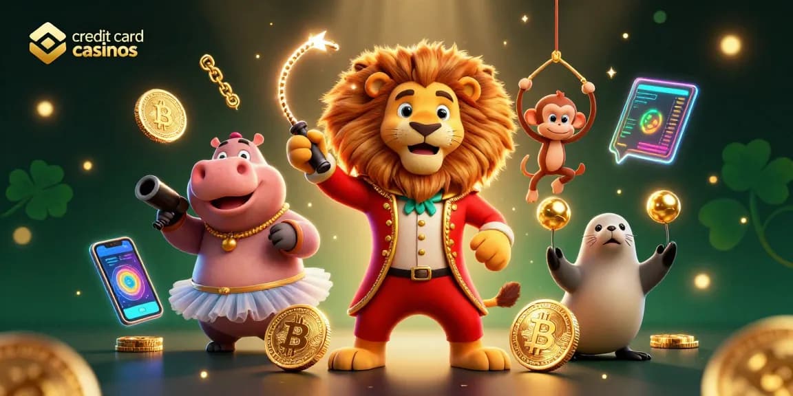 Engage with credit card casinos in a vibrant 3D circus scene featuring colorful characters and dazzling gaming elements.
