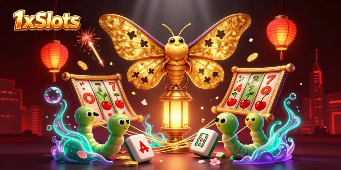Experience the vibrant world of 1xSlots with an enchanting casino scene featuring golden moths, slot reels, and celebration elements.