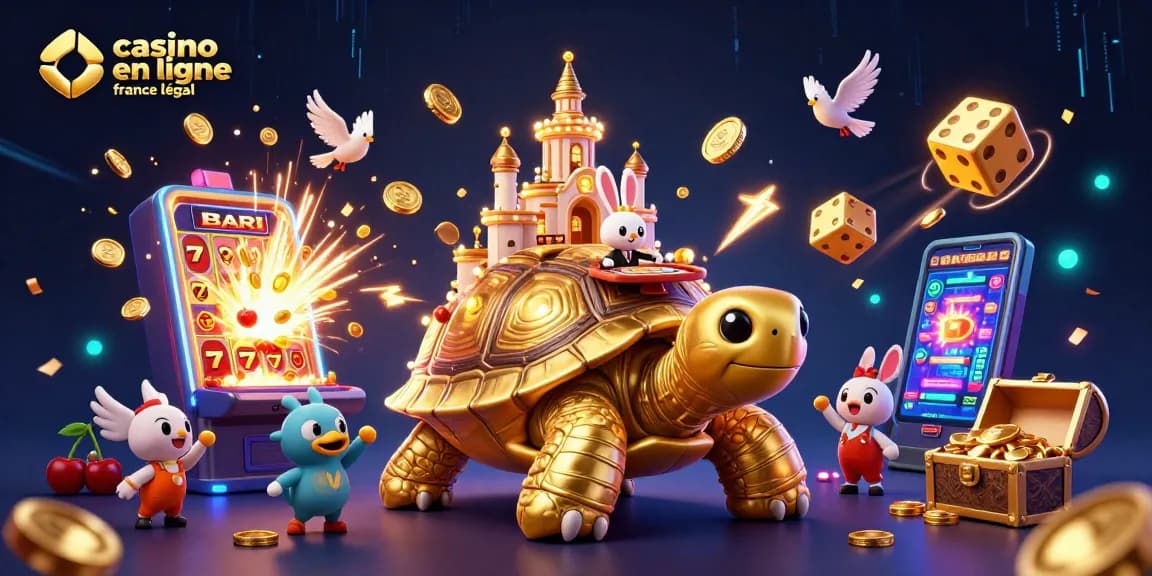 Illustration dynamique d'un casino en ligne France légal avec une tortue dorée et un croupier en lapin.