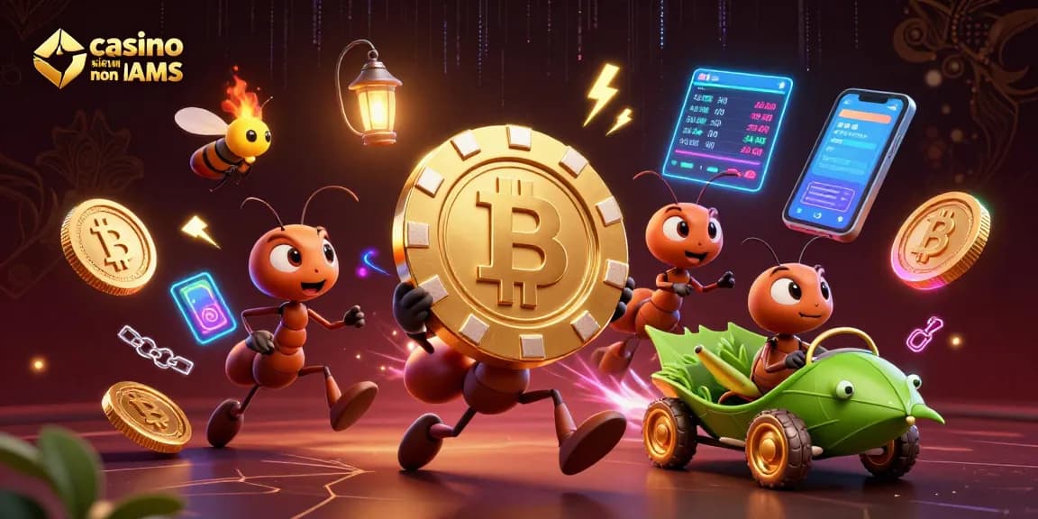 Giocatori nel casino sicuri non AAMS con formiche che portano un chip d'oro e dettagli di criptovalute.