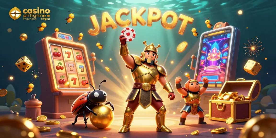 Gagnez avec le casino en ligne légal en France grâce à une illustration dynamique de jeux et de gains.