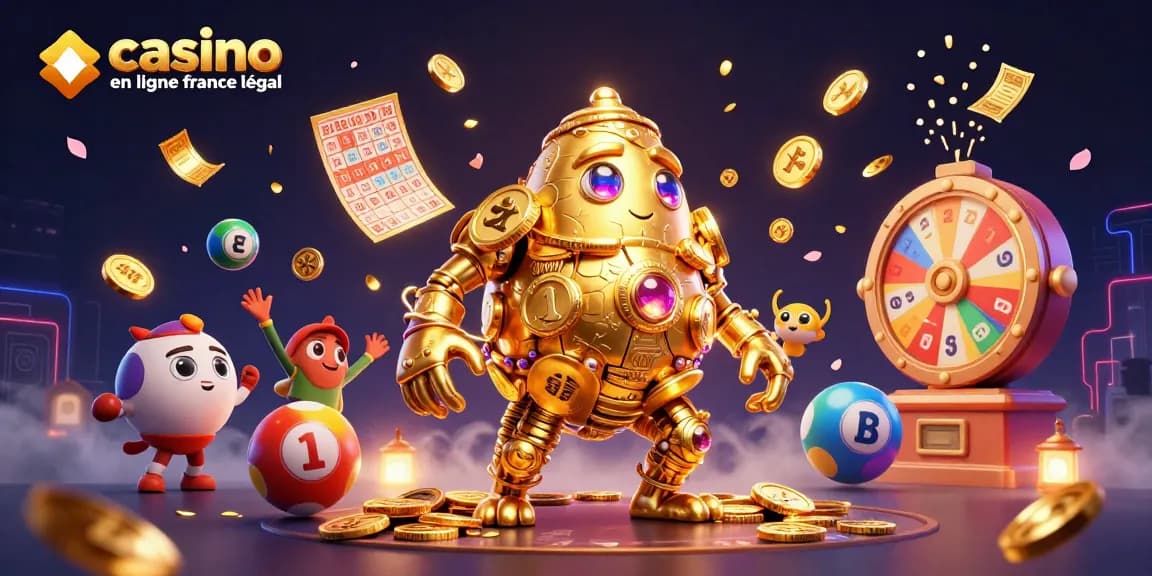 Illustration en 3D représentant un golem en or et des éléments de loterie, illustrant le casino en ligne France légal