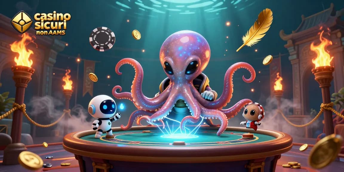 Giocando a poker nei casino sicuri non AAMS con un polipo alieno e un robot, un'illustrazione accattivante.
