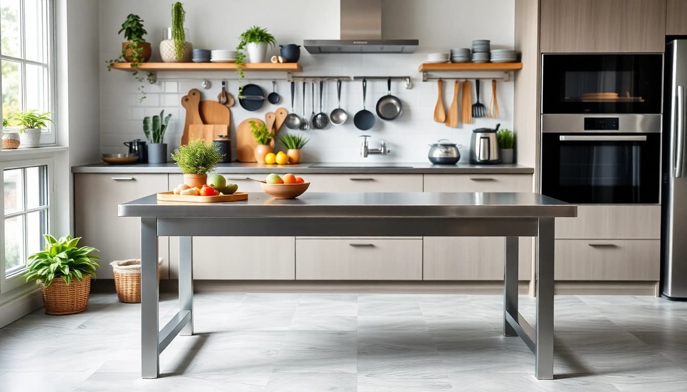Elegant steel table for kitchen featuring organized utensils and fresh ingredients for cooking.