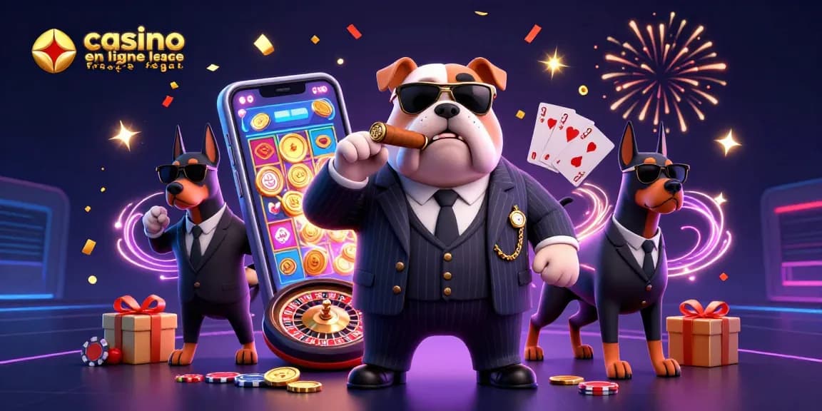 Visualisez l'univers du casino en ligne France légal avec un bouledogue mafieux et ses gardes du corps.