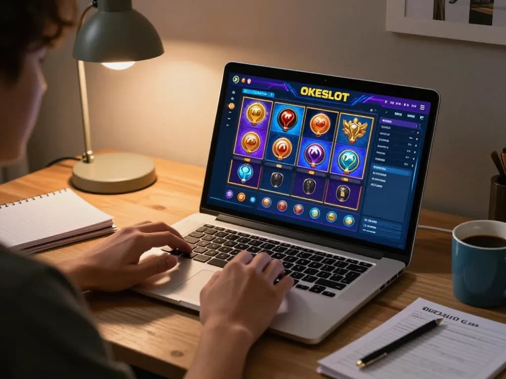 Engaging with OKESLOT through online slot games, featuring a player immersed in the action.