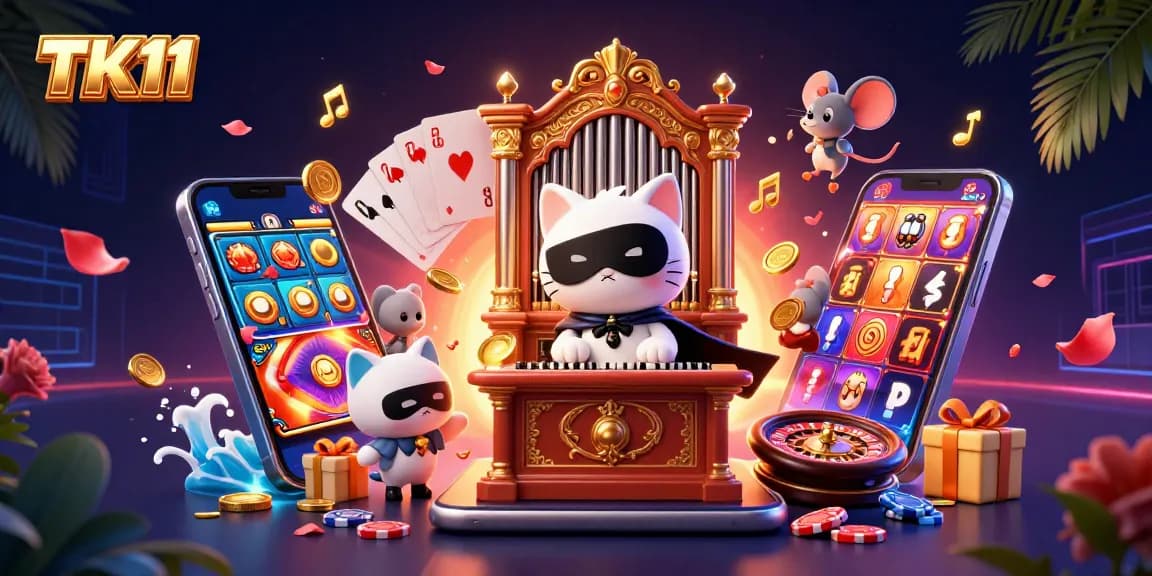 TK11 casino features a whimsical casino scene with a cat at a pipe organ and dynamic gaming elements.