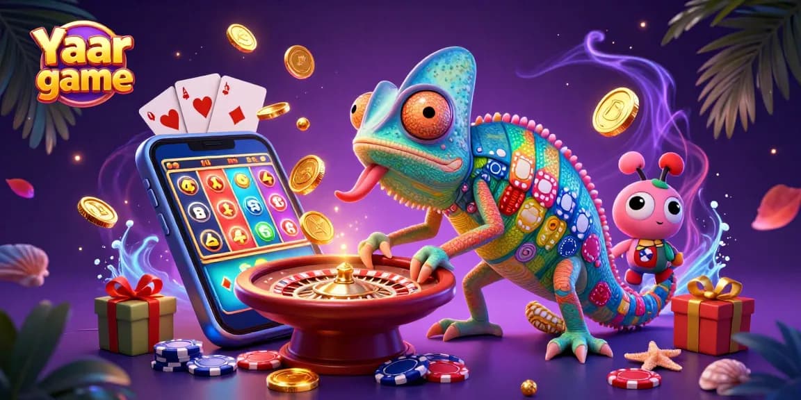 Play thrilling Yaar win game with vibrant casino activities and a dynamic chameleon host.