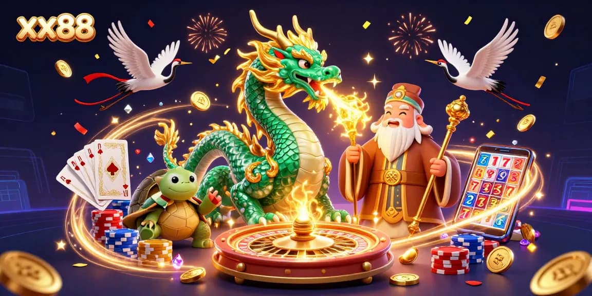 Experience winning strategies at xx88 with a thrilling illustration of a jade dragon and lucky symbols.