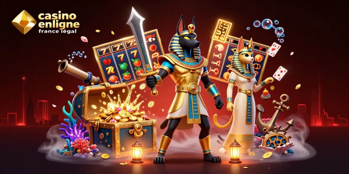 Visuel dynamique d'Anubis et Bastet au coeur du casino en ligne France légal, entourés de jackpots et de symboles gagnants.