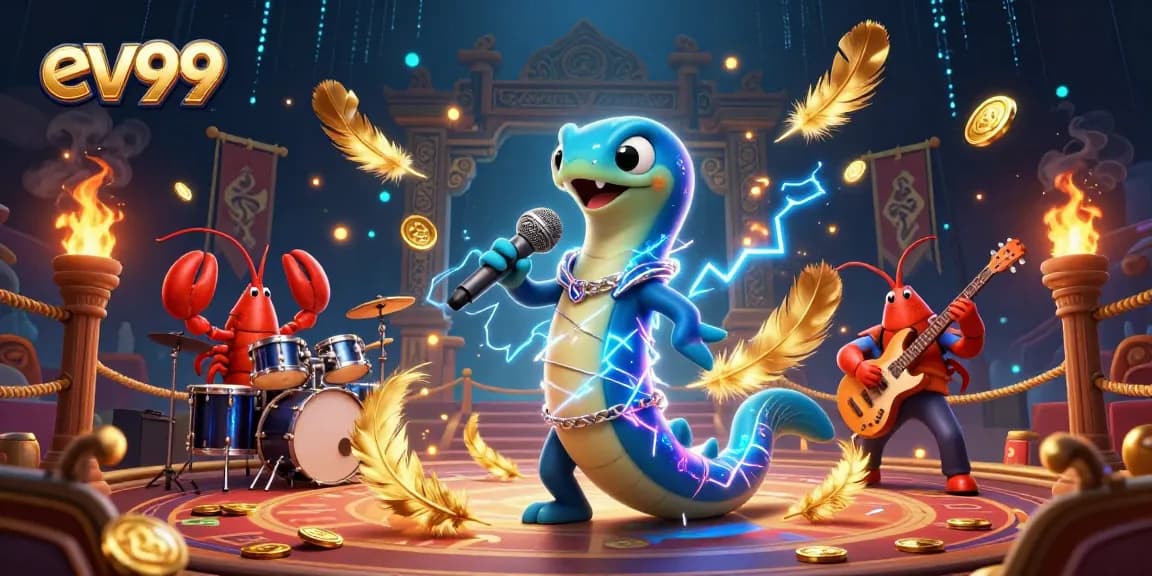 ev99 showcases a vibrant underwater casino scene with electric eel DJ, engaging drummer lobster, and seahorse guitarist.