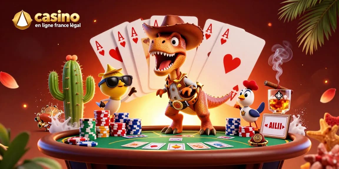 Jouez au casino en ligne légal en France avec des personnages captivants et des éléments de poker colorés.
