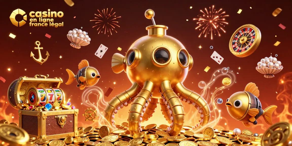 Jouez au casino en ligne légal en France avec une illustration de kraken doré et des éléments de jeu dynamiques.