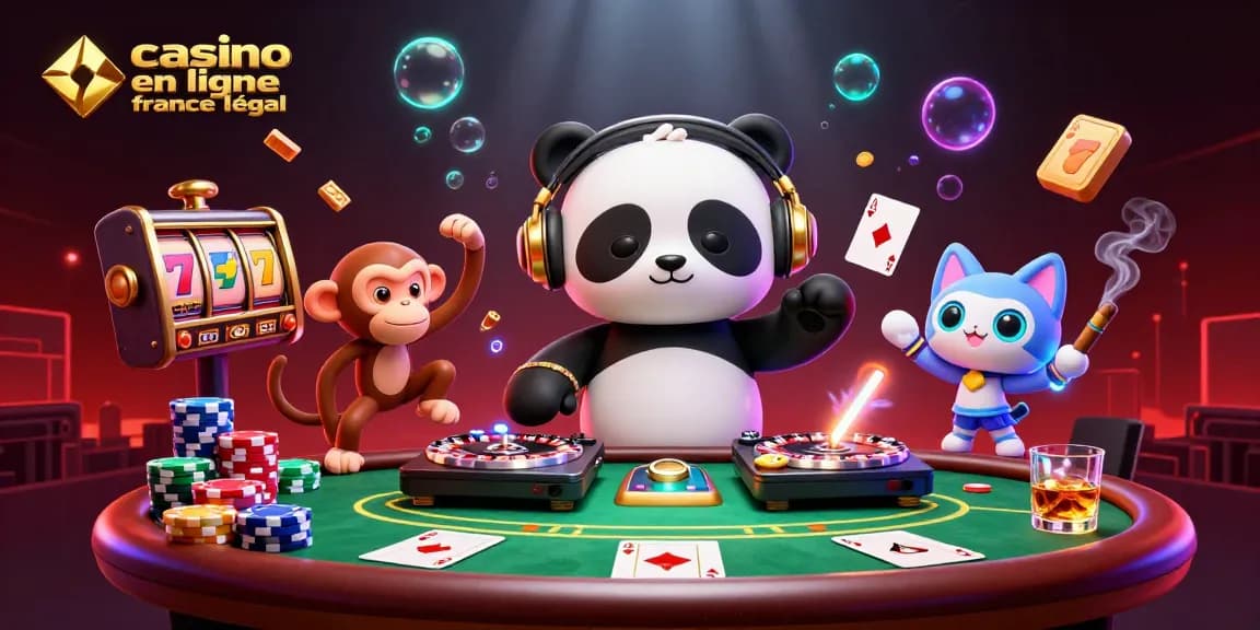 Un panda DJ animé mixant sur des roulettes avec des équipements festifs, promouvant casino en ligne France légal.