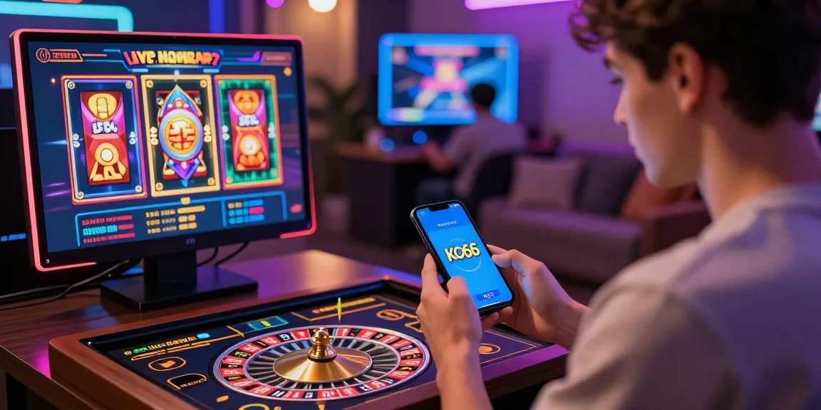 Engaged player exploring KO66 app with vibrant casino graphics in lively atmosphere.