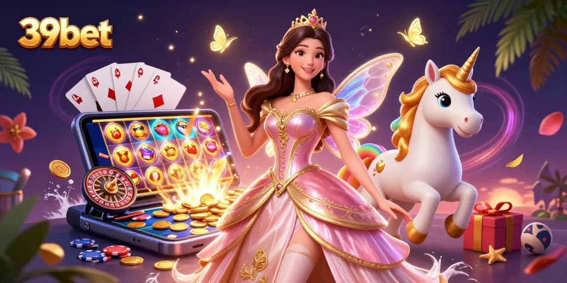 Win big with 39bet in a vibrant 3D illustration filled with golden coins, slot games, and cheerful characters.