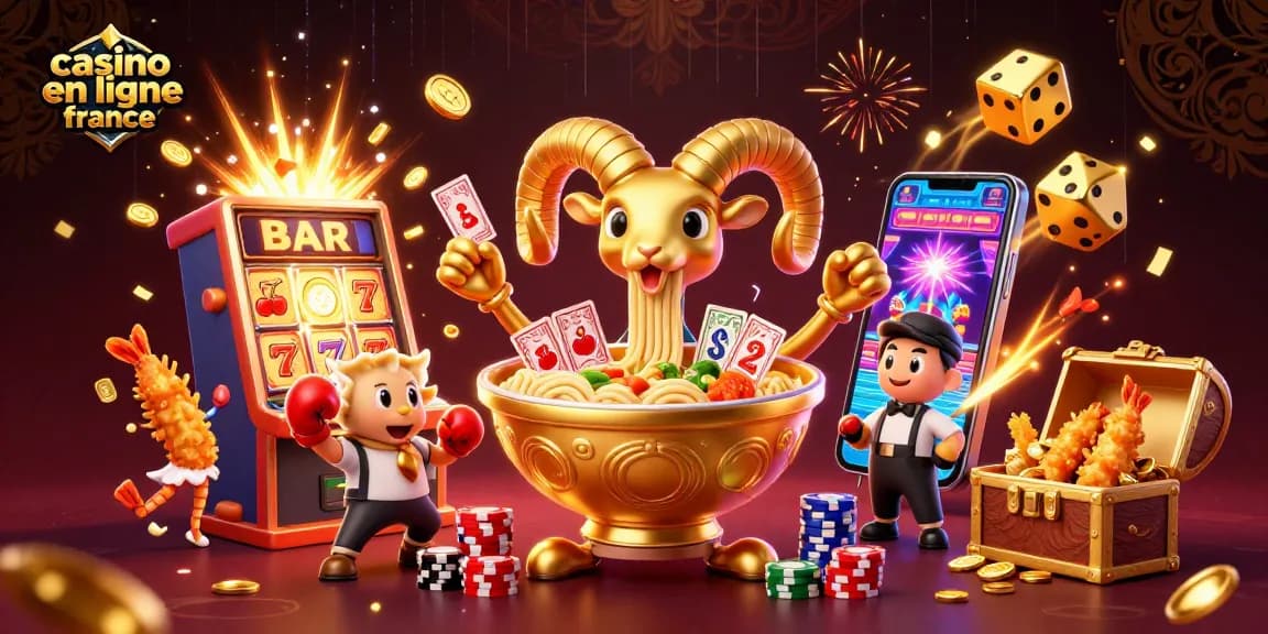 Découvrez le meilleur casino en ligne France avec une illustration dynamique de jeux de casino colorés.
