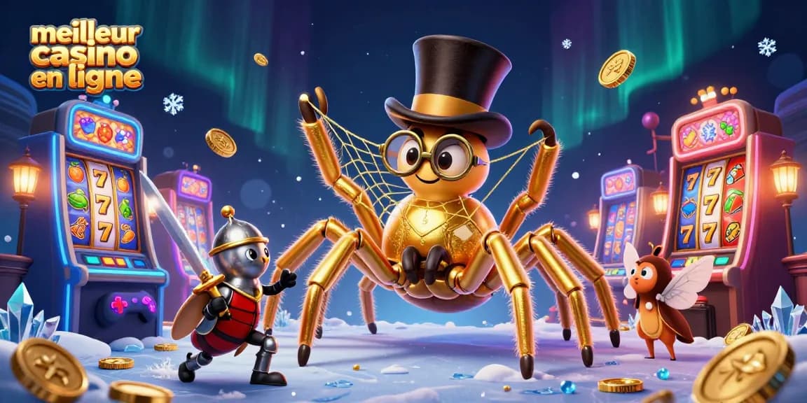Découvrez le meilleur casino en ligne avec une illustration dynamique de jeux et personnages captivants.