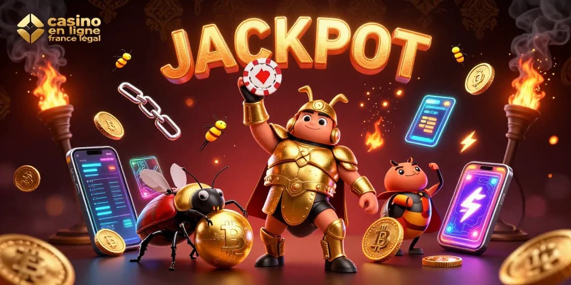 Casino en ligne France légal: un scarabée héroïque célébrant un jackpot avec ses amis.