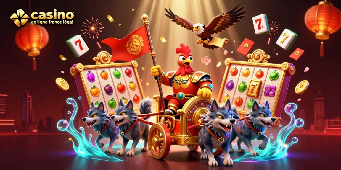 Capture des éléments de jeu dans un casino en ligne France légal avec un coq guerrier et des machines à sous.