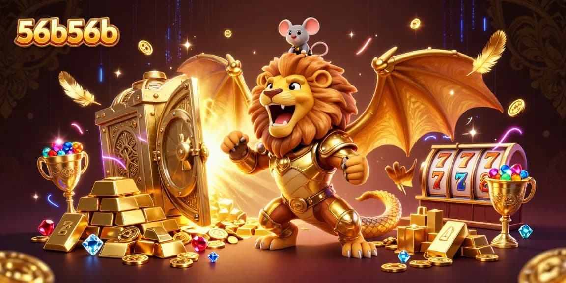 Slot reels e personagem 56b56b em uma cena vibrante e triunfante no cassino