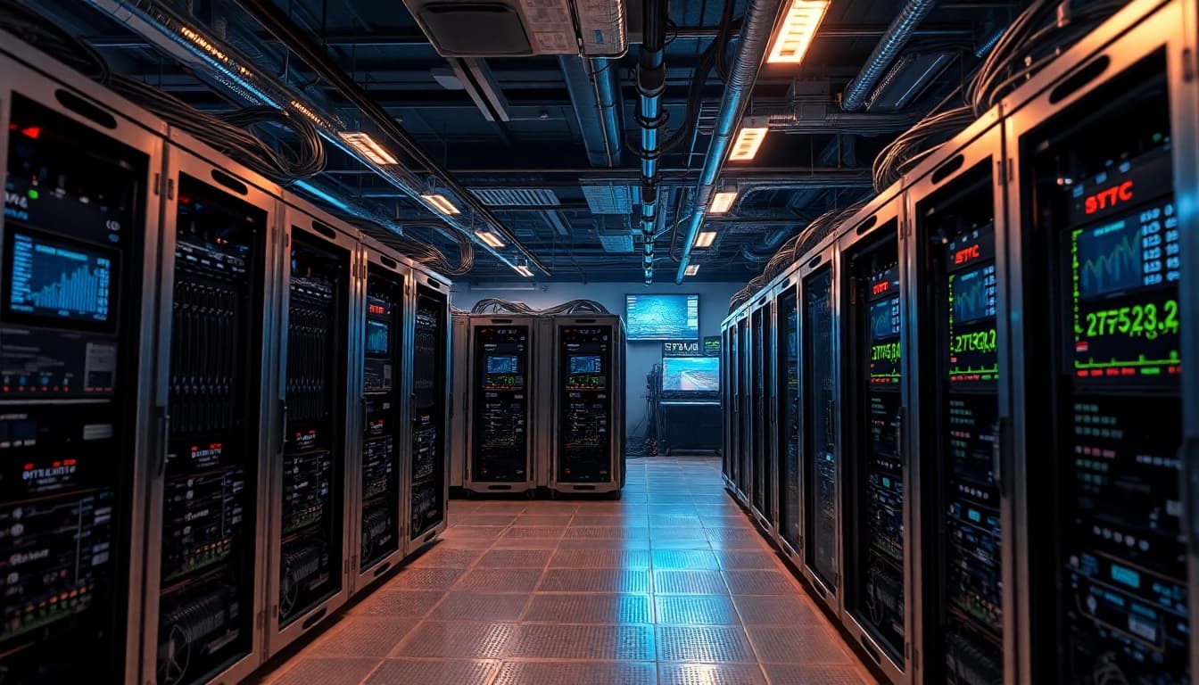 Bitcoin mining farm featuring ASIC miners and GPUs in a high-tech environment.