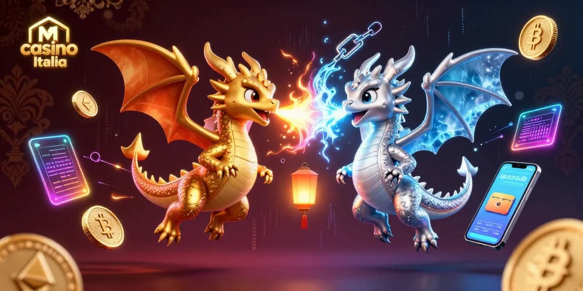 Gioca nel crypto casino Italia con draghi e monete Bitcoin in un'illustrazione vivace e accattivante.