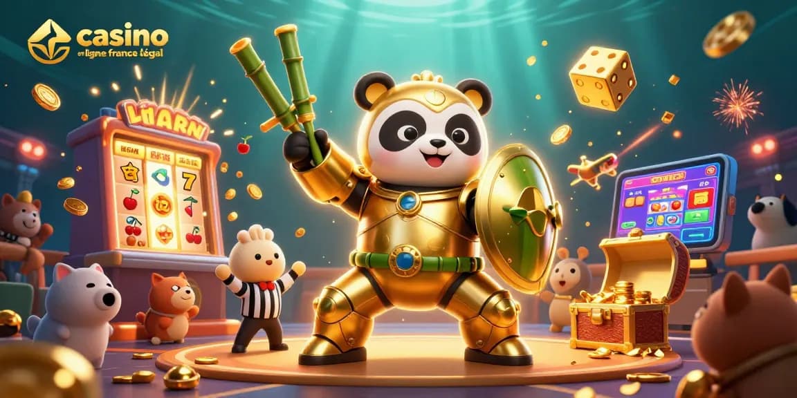 Illustration dynamique du casino en ligne France légal avec panda doré et éléments de jackpot.
