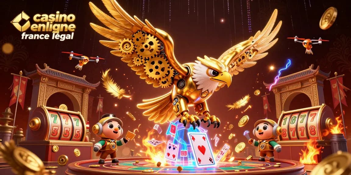Profiter de jeux au casino en ligne légal en France avec une illustration d'un aigle cybernétique vibrant.