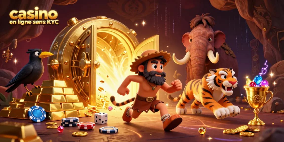 Casino en ligne sans KYC : Découvrez une illustration captivante d'un casino préhistorique avec des personnages colorés et des éléments de jeu riches.