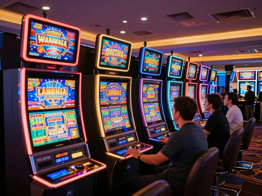 Players experience judi slot excitement at colorful slot machines in a vibrant casino.