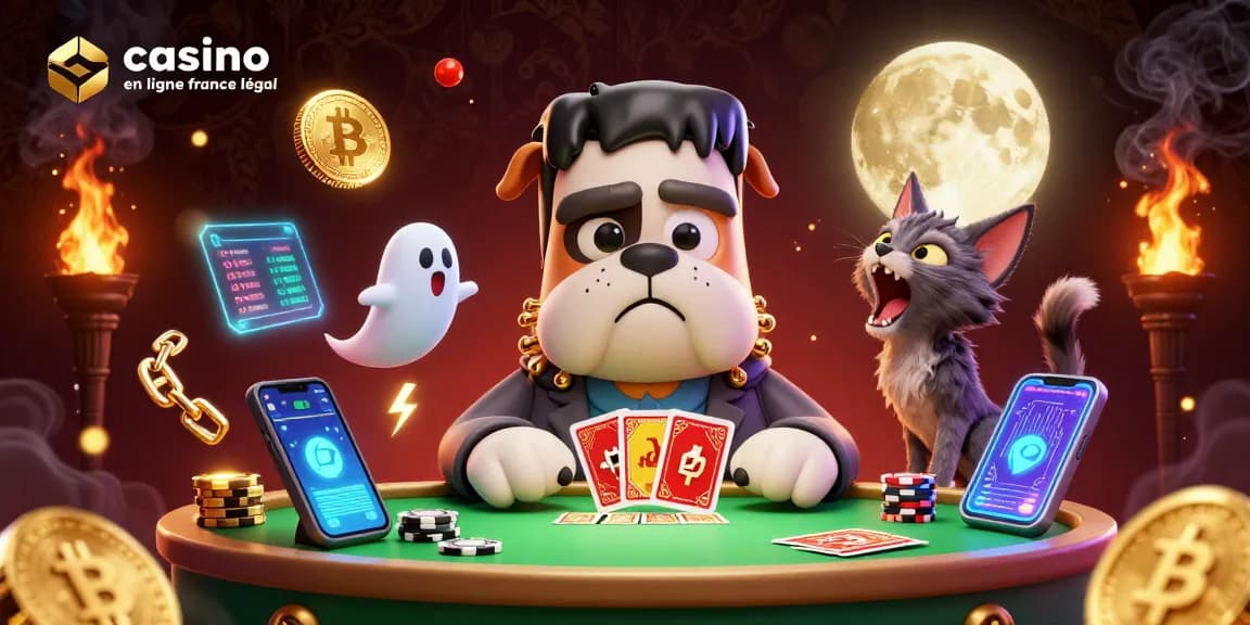 Jouer au casino en ligne France légal avec un bulldog Frankenstein à la table de jeu.