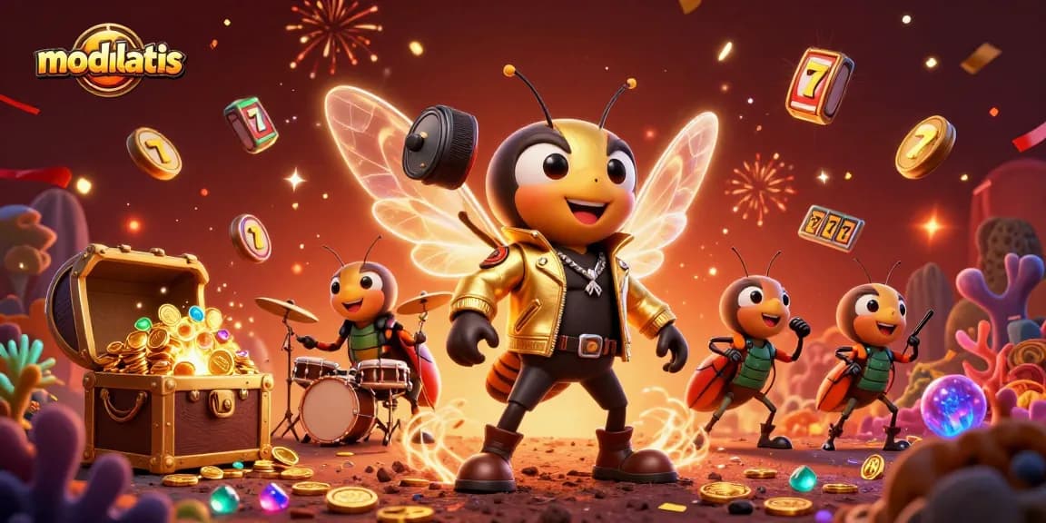 Modulatis menghadirkan cicada rock star dan beetle drummer dalam suasana kasino yang meriah.
