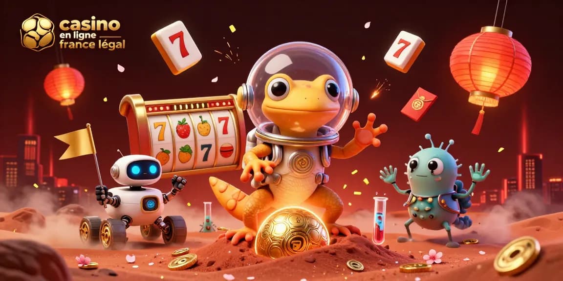 Illustration animée représentant le casino en ligne France légal avec un gecko martien découvrant un casino en or.