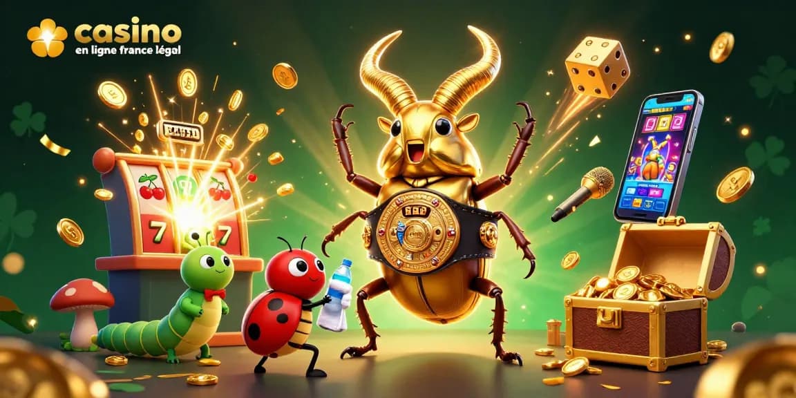 Illustration dynamique de casino en ligne France légal avec un scarabée géant et des éléments de jeu